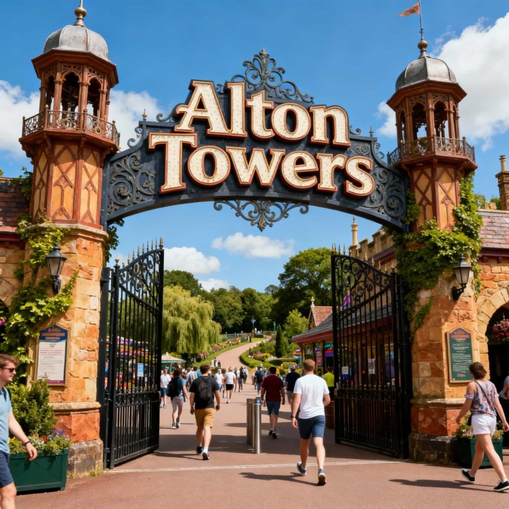 UK attraction tickets – Alton Towers: People walking through the large, ornate gate of Alton Towers Resort on a sunny day. The sign above the gate reads "Alton Towers."
