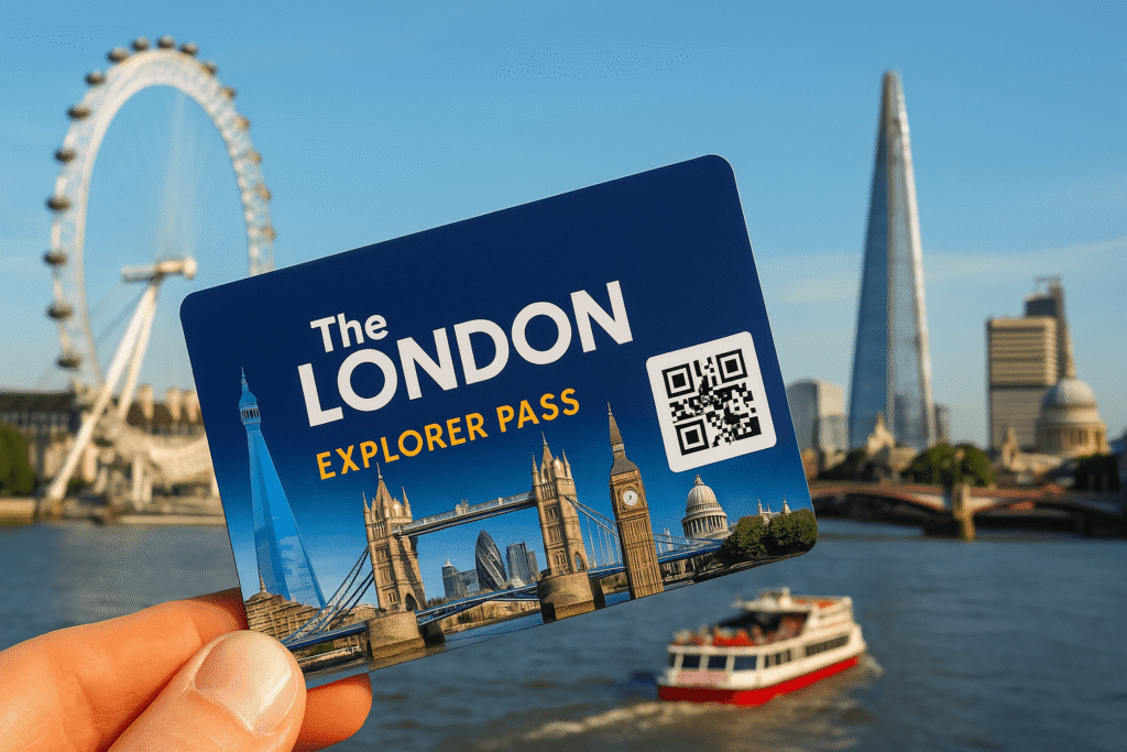 London Explorer Pass card with major London attractions like the London Eye, Tower Bridge, the Shard, St Paul’s Cathedral, and a Thames sightseeing cruise.
