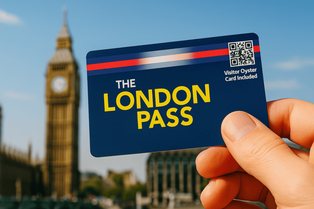 London Pass card with famous London landmarks such as the London Eye, Tower of London, Westminster Abbey, St Paul’s Cathedral, and a Thames River Cruise.