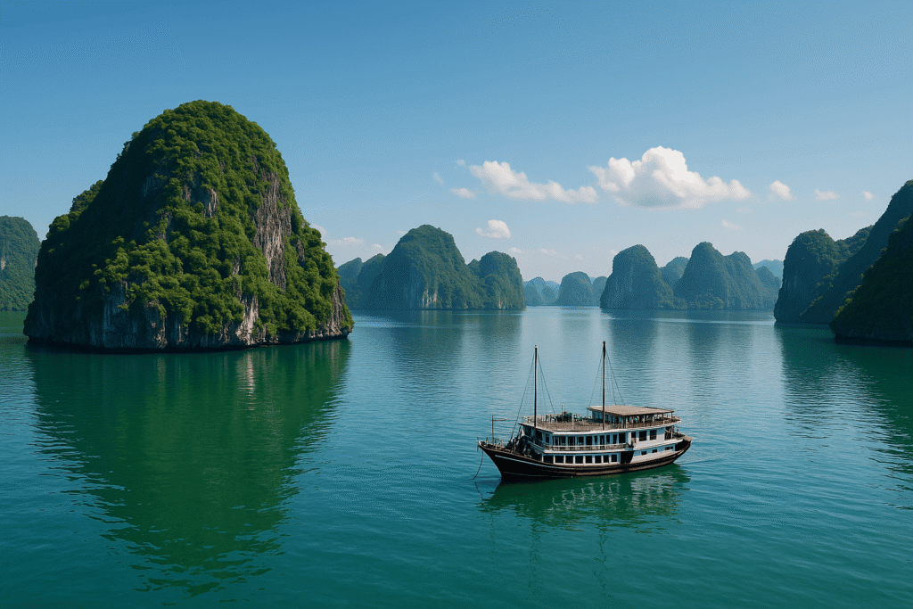 Invitation to Vietnam and The Temples of Angkor: A Traditional junk boat sailing through Halong Bay with limestone karsts and calm emerald waters.