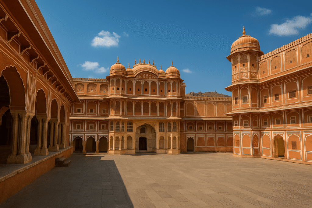 Courtyard view of Jaipur’s palace with arches and domes in terracotta tones under clear skies.