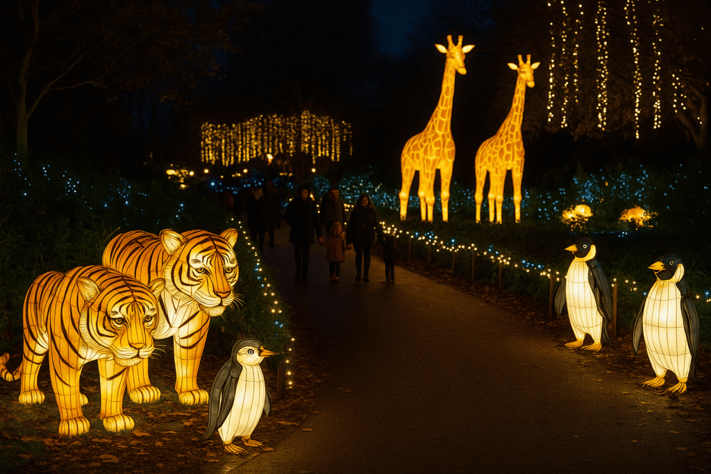London Zoo Tickets – Plan Your Visit & Save: Families walking past glowing animal lanterns at London Zoo’s Christmas lights trail.
