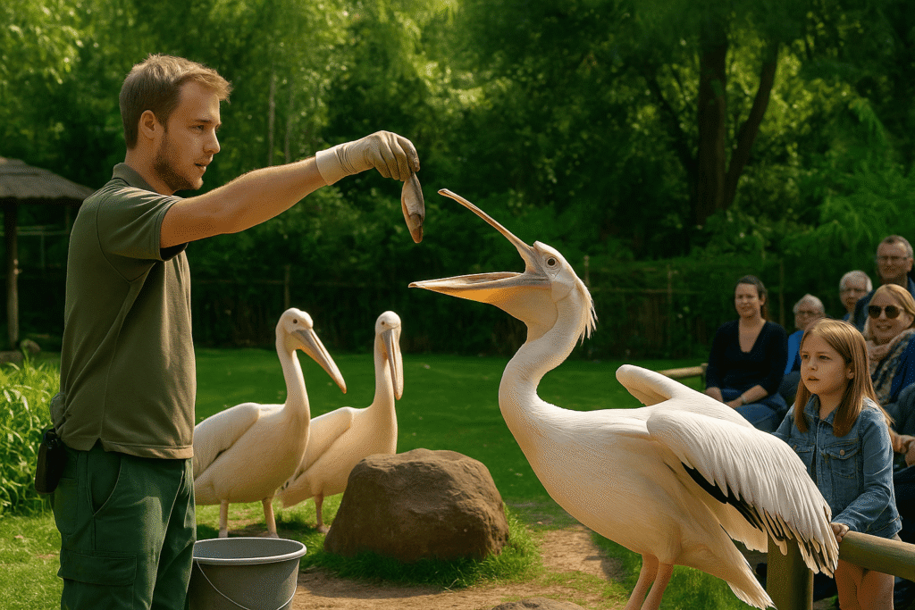 Zookeeper feeding pelicans at London Zoo with an audience watching the talk and feeding session.