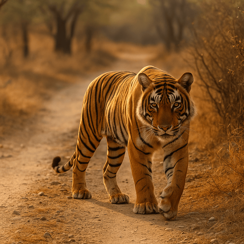 Bengal tiger walking on a dirt track in Ranthambore National Park with dry forest background.