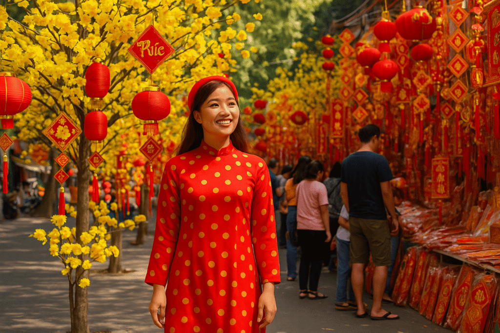 Tet festival street in Hanoi with red lanterns, yellow flowers and people celebrating in traditional clothing.