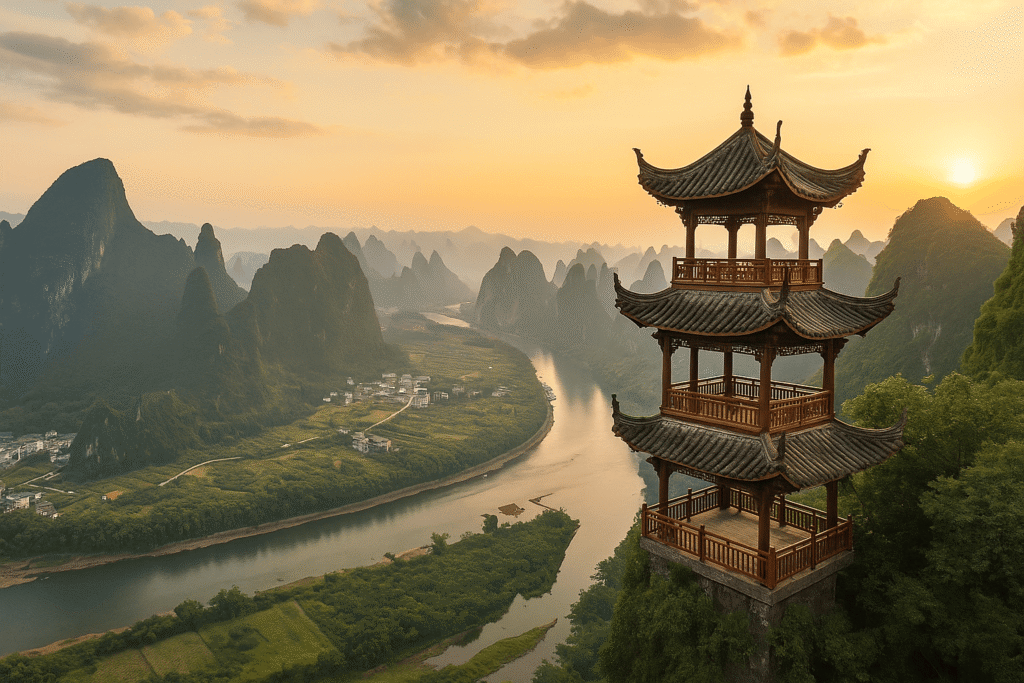 Traditional Chinese pagoda on a hillside overlooking a winding river and karst mountains at sunset.