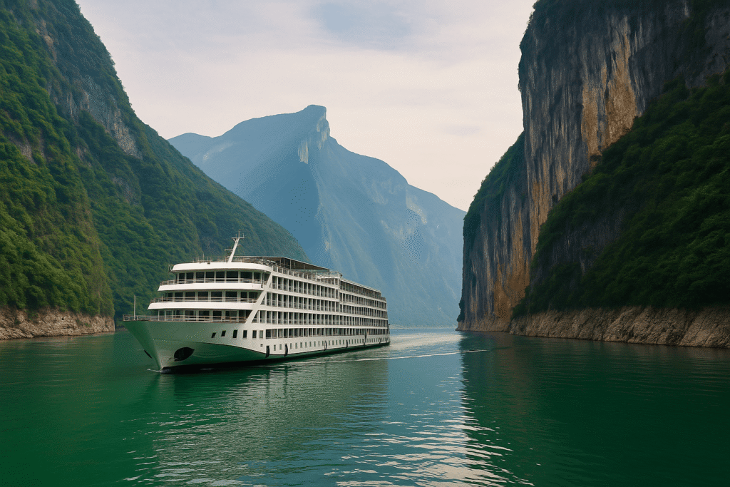 Yangtze River cruise ship sailing through the dramatic Three Gorges with steep cliffs on either side.