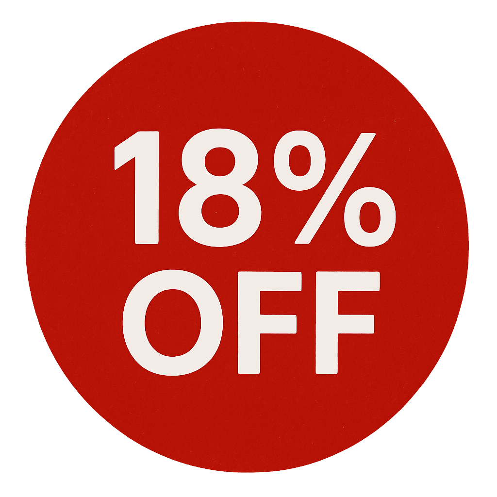 Red circular icon with white text reading 18% OFF.