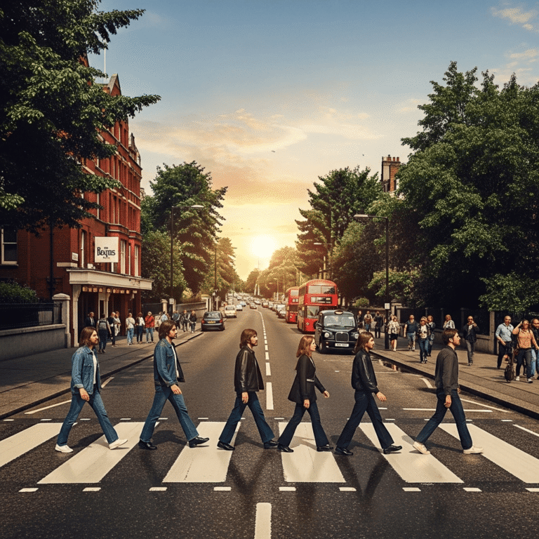 People recreating the Beatles Abbey Road crossing during a London walking tour.