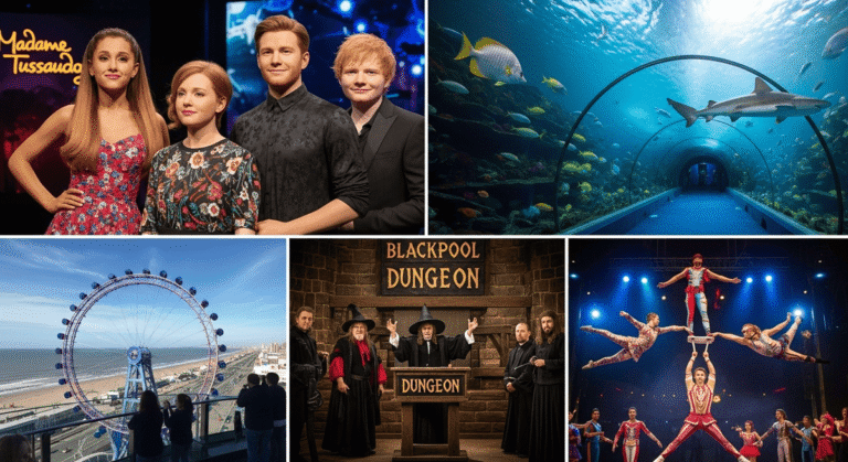 Blackpool 2-Day Merlin Pass: A Family visiting Blackpool attractions with a 2-Day Merlin Pass, covering SEA LIFE, Madame Tussauds, The Blackpool Tower Eye, and The Blackpool Dungeon.