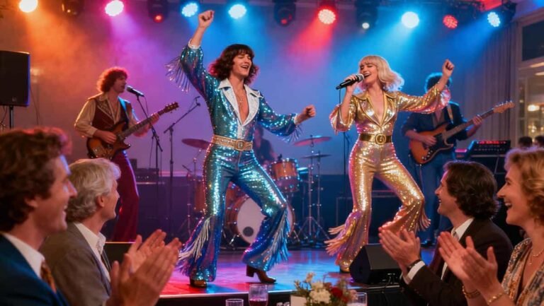 Blackpool ABBA Bottomless Brunch Party: A ABBA tribute brunch party in Blackpool with singers, costumes, and guests at tables.