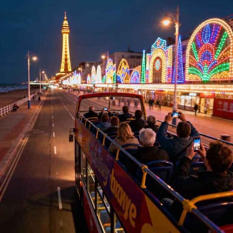 Blackpool Open Top Bus Illuminations Tour: A Open-top bus on Blackpool promenade during the Illuminations at night.