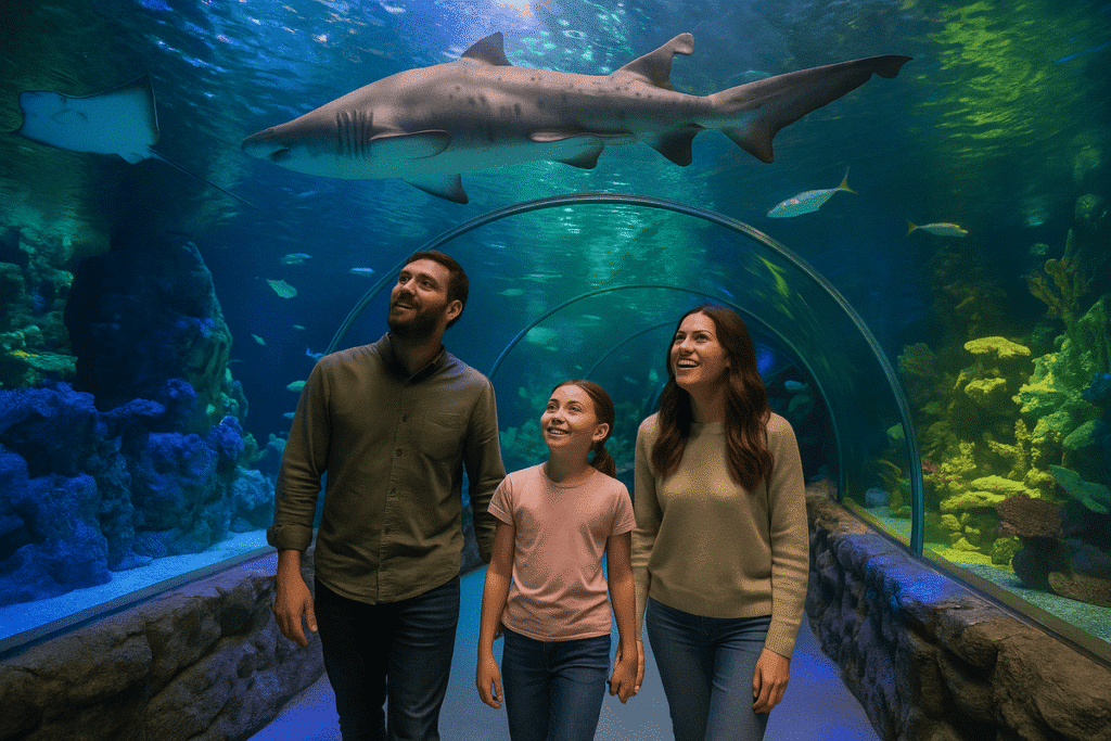Blackpool SEA LIFE Centre Attraction Tickets: A Family walking through the Ocean Tunnel at Blackpool SEA LIFE Centre surrounded by sharks and marine life.