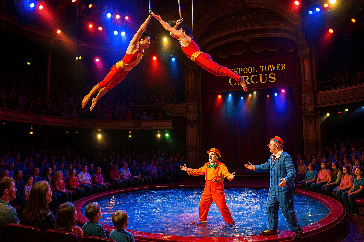 Blackpool Tower Circus Attraction Tickets: Acrobats and clowns performing inside the historic Blackpool Tower Circus arena with colourful lights and family audience.