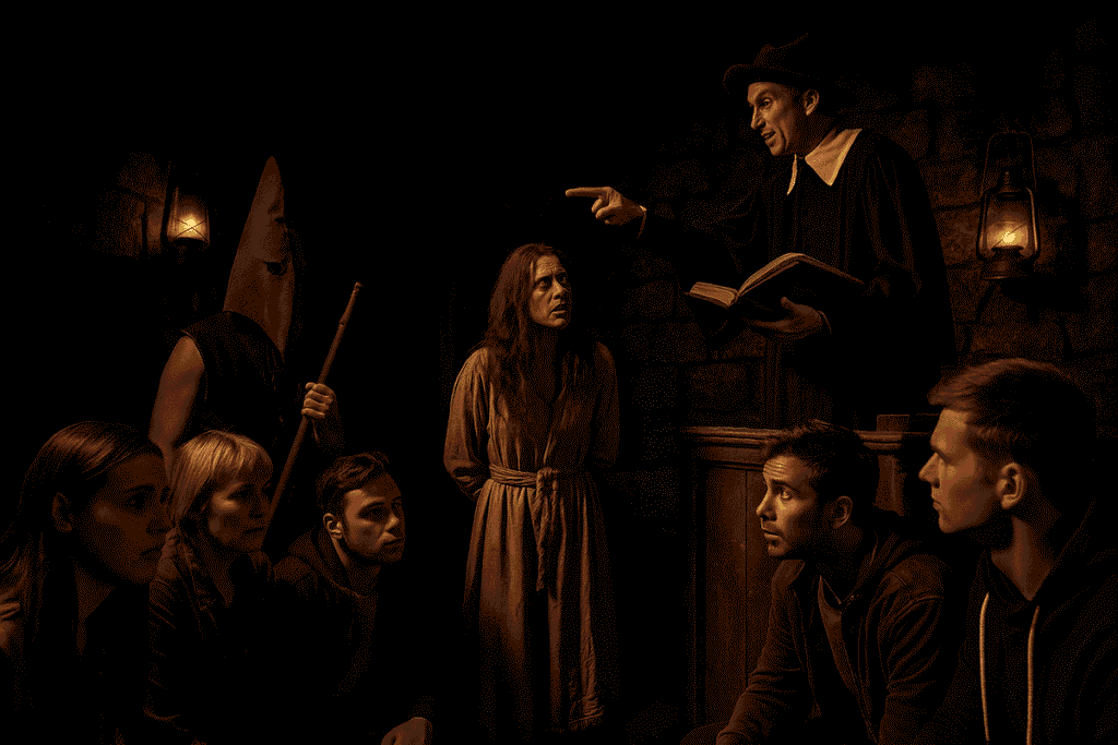 Blackpool Tower Dungeon Attraction Tickets: Actors performing a witch trial scene inside the Blackpool Tower Dungeon with guests watching in a dark, atmospheric setting.