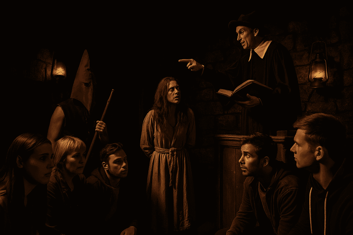 Blackpool Tower Dungeon Attraction Tickets: Actors performing a witch trial scene inside the Blackpool Tower Dungeon with guests watching in a dark, atmospheric setting.