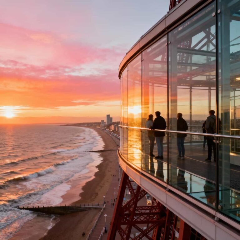 Blackpool Tower Eye Attraction Tickets: People standing on the SkyWalk glass platform at the Blackpool Tower Eye with views of the promenade and Irish Sea.