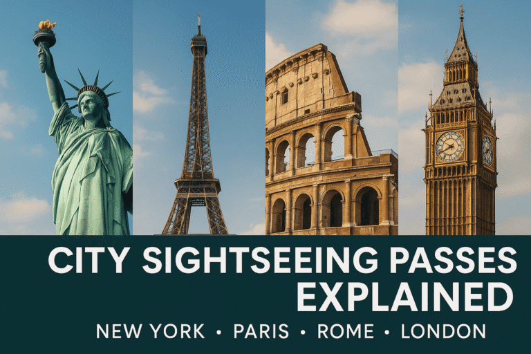 Table comparing sightseeing passes in New York, Paris, Rome, and London, showing features like transport inclusion and skip-the-line benefits.