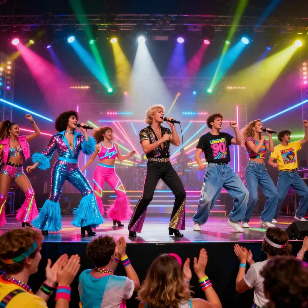 Blackpool Decades Rewind Show Night Out: Live Decades Rewind show in Blackpool with performers in colourful costumes under stage lights.