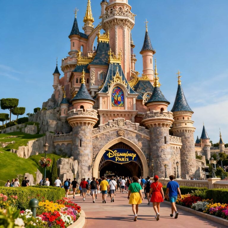 Disneyland Paris Attraction Tickets: Sleeping Beauty Castle at Disneyland Paris with visitors in front, bright sky, and vibrant park atmosphere.