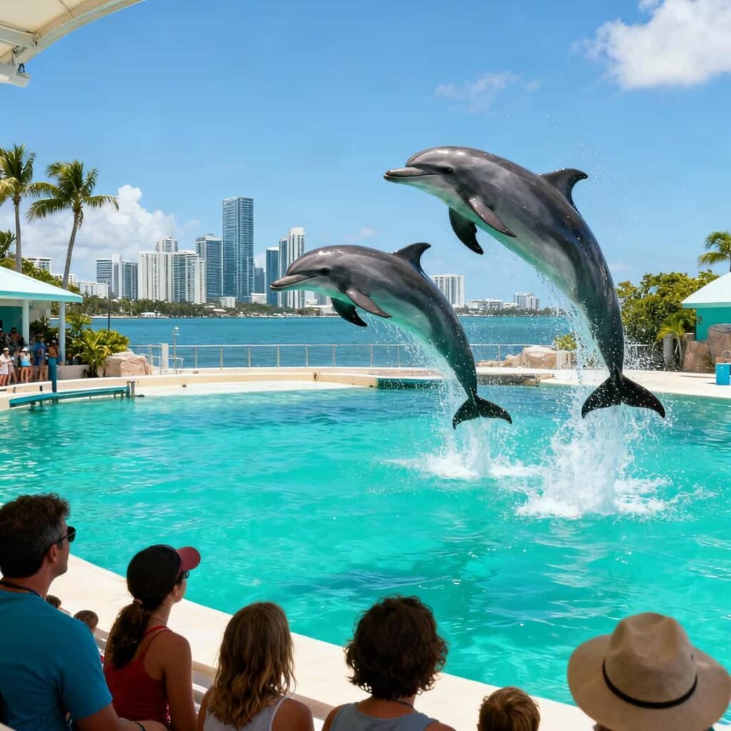 Dolphins jumping during a show at Miami Seaquarium with the Miami skyline in the distance.