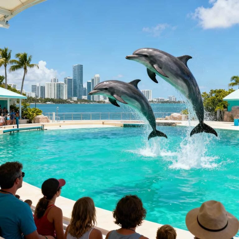 Dolphins jumping during a show at Miami Seaquarium with the Miami skyline in the distance.