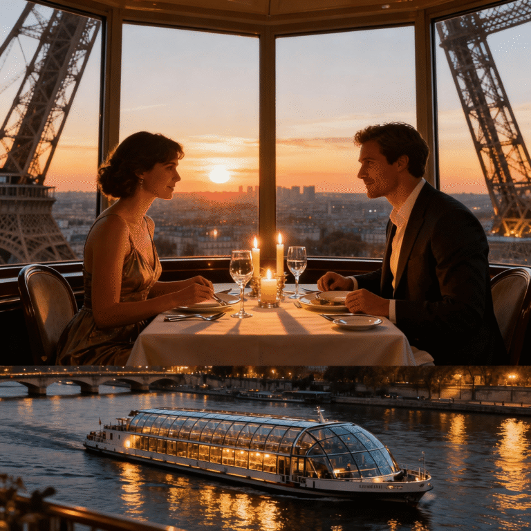 Eiffel Tower dinner with panoramic views of Paris and Seine River cruise at night.