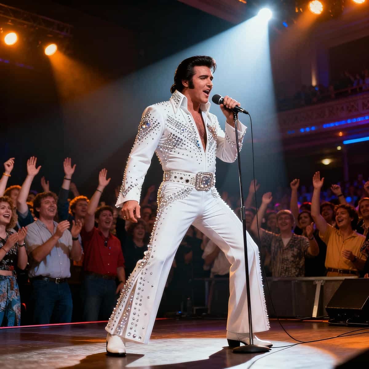Elvis Tribute Artist Performing in Blackpool: Elvis tribute artist in white jumpsuit performing on stage at Blackpool Elvis Tribute Weekend.