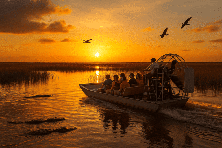 Airboat with tourists gliding across the Florida Everglades at sunset with alligators and birds in view.