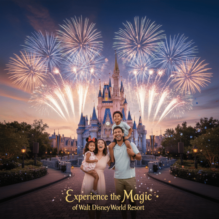 Walt Disney World Family Guide: A family of four is smiling and laughing as they watch fireworks light up the sky behind Cinderella's Castle at Walt Disney World Resort.