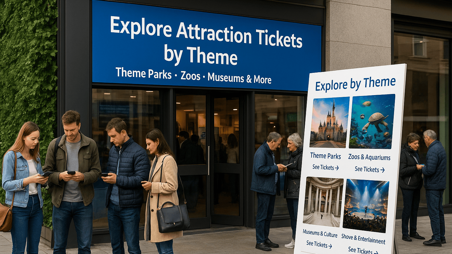 A group of people stand outside a booking office, looking at their phones. A large sign above the door and an A-frame sign on the sidewalk advertise "Attraction Tickets by Theme" with categories like theme parks, zoos, and museums.