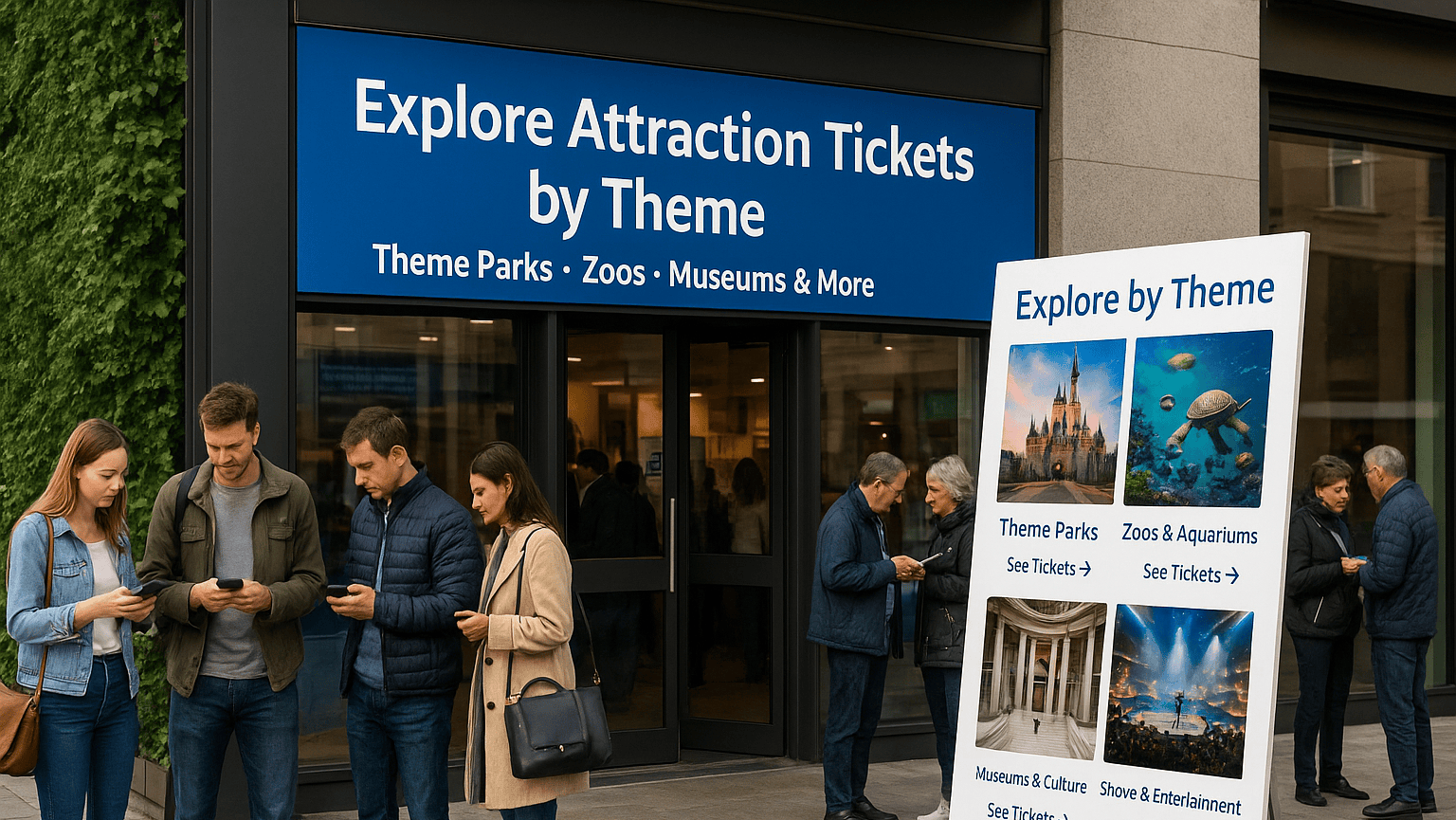 A group of people stand outside a booking office, looking at their phones. A large sign above the door and an A-frame sign on the sidewalk advertise "Attraction Tickets by Theme" with categories like theme parks, zoos, and museums.