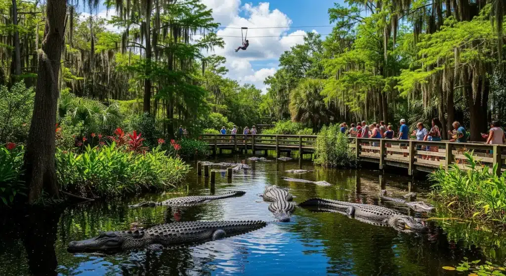 Gatorland attraction tickets Orlando – alligators in swamp, family on boardwalk, zip line overhead.