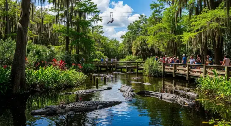 Gatorland attraction tickets Orlando – alligators in swamp, family on boardwalk, zip line overhead.