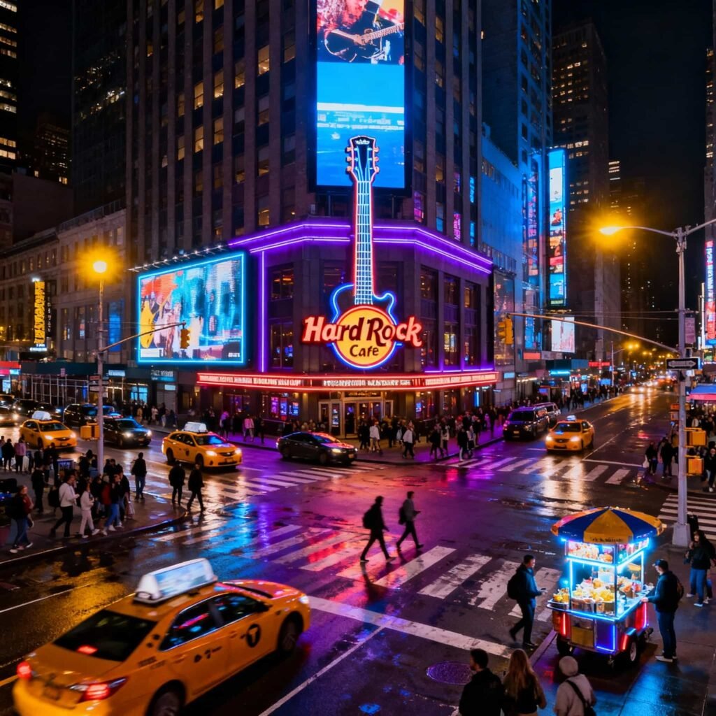 Hard Rock Cafe New York Attraction Tickets: Hard Rock Cafe New York neon sign glowing in Times Square at night with crowds and billboards.