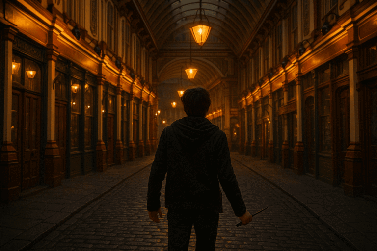 Harry Potter fans exploring Diagon Alley-inspired Leadenhall Market on a walking tour in London.