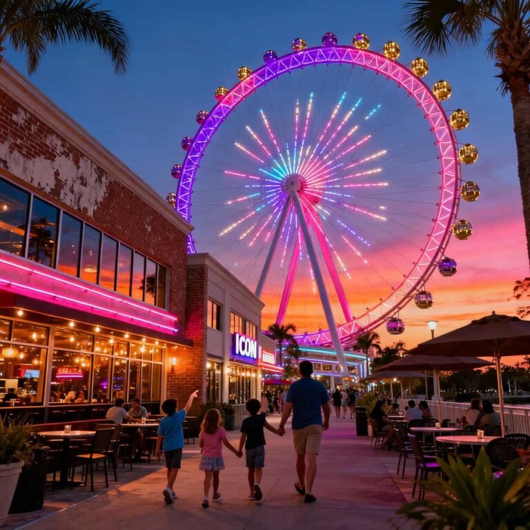 ICON Park Orlando The Wheel at sunset with visitors and restaurants.