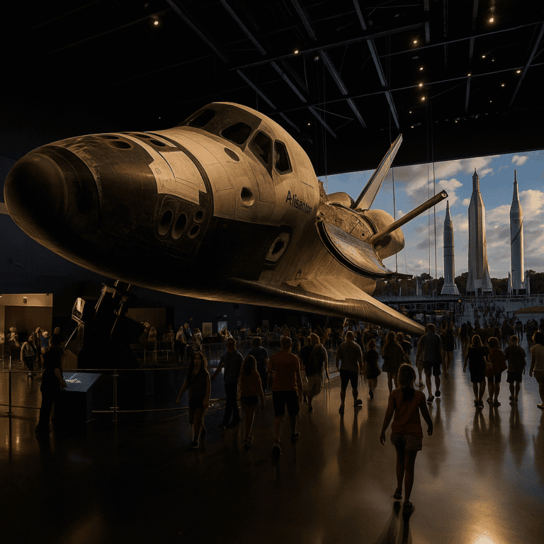 Space Shuttle Atlantis on display at Kennedy Space Center Visitor Complex with visitors and rockets nearby.