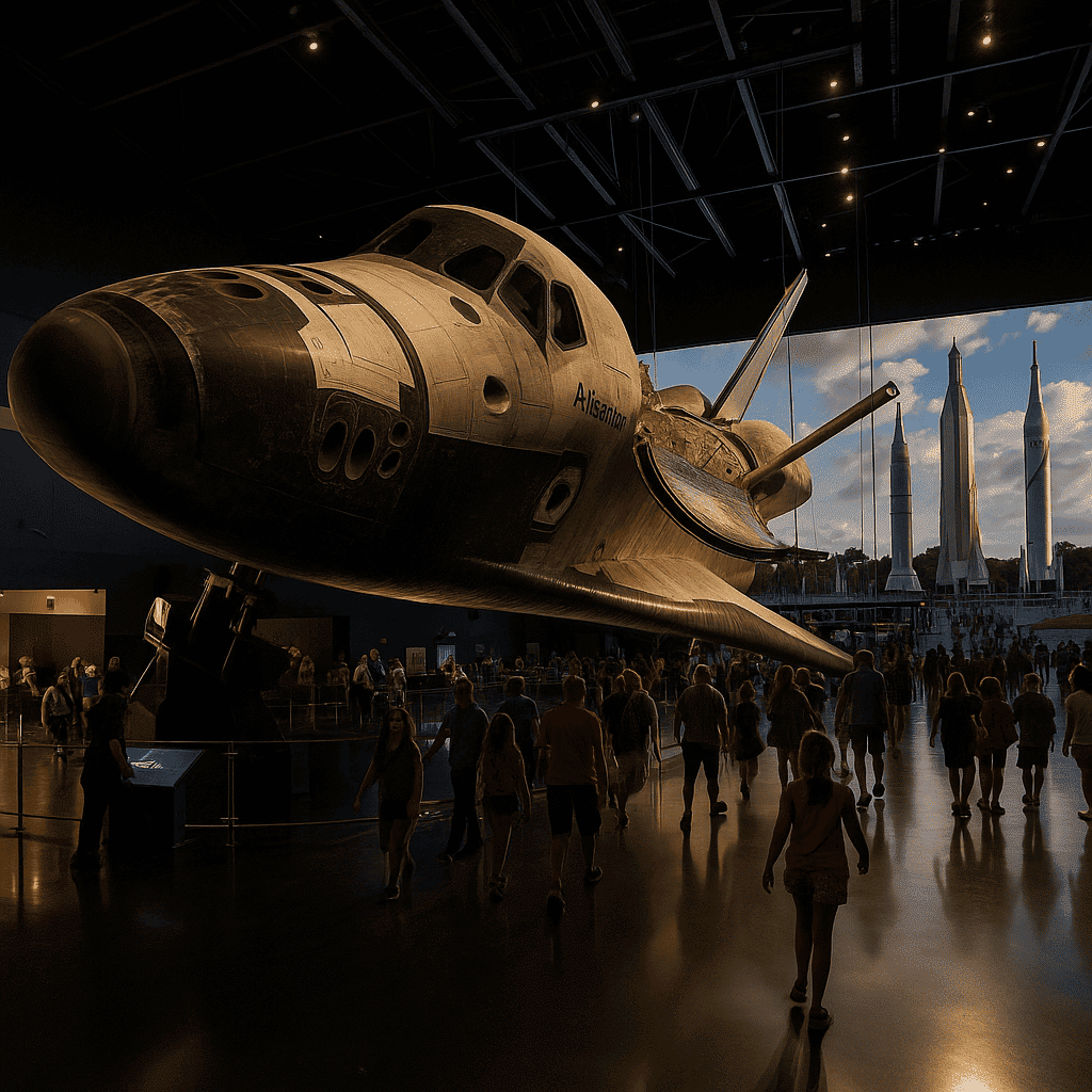 Space Shuttle Atlantis on display at Kennedy Space Center Visitor Complex with visitors and rockets nearby.