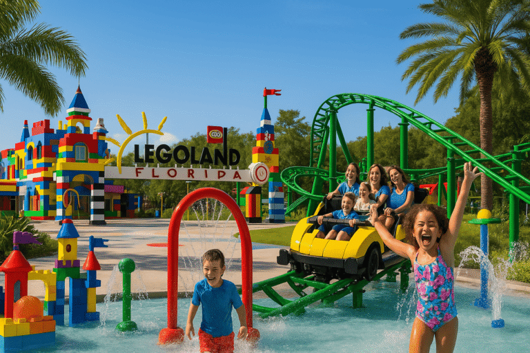 Family enjoying Legoland Florida with LEGO rides and water attractions.