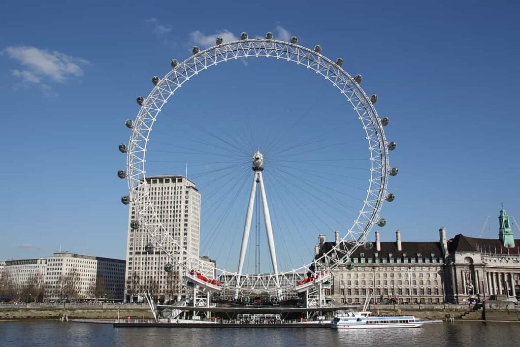 A full-view photo of the London Eye Ferris wheel on a sunny day. The wheel is centered, with buildings and the River Thames visible in the foreground.