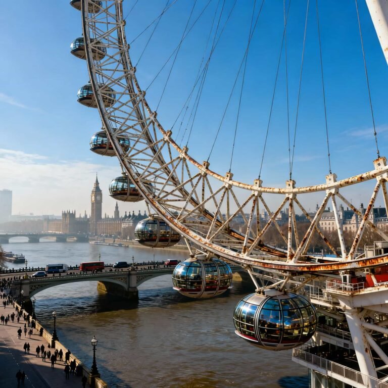 London Eye Attraction Tickets: The London Eye observation wheel on the River Thames with a clear blue sky and city skyline in the background.