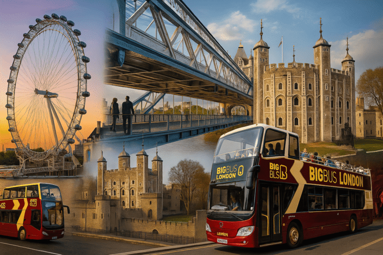 London Eye, Tower Bridge, Tower of London, Big Bus Tour, and Madame Tussauds in a composite promotional image for the London Gold Bundle Sightseeing Pass.