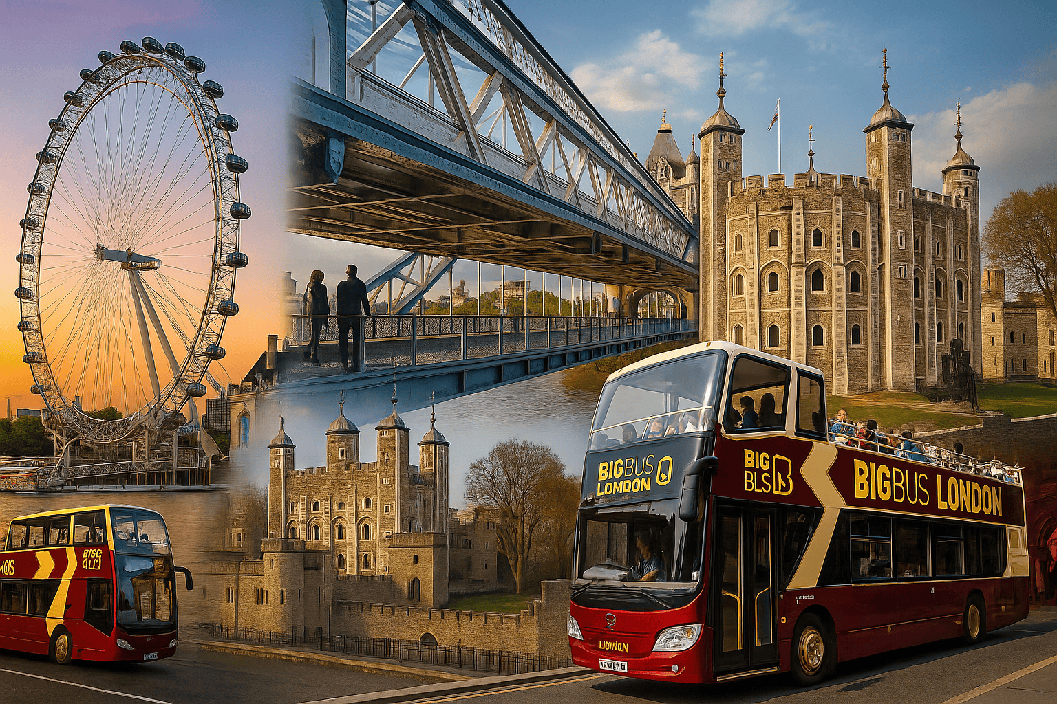 London Eye, Tower Bridge, Tower of London, Big Bus Tour, and Madame Tussauds in a composite promotional image for the London Gold Bundle Sightseeing Pass.