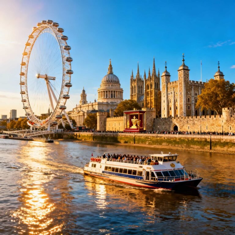 London attractions including the London Eye, Tower of London, Westminster Abbey, St Paul’s Cathedral, and a Thames River Cruise, symbolising what’s covered by the London Pass and Explorer Pass.
