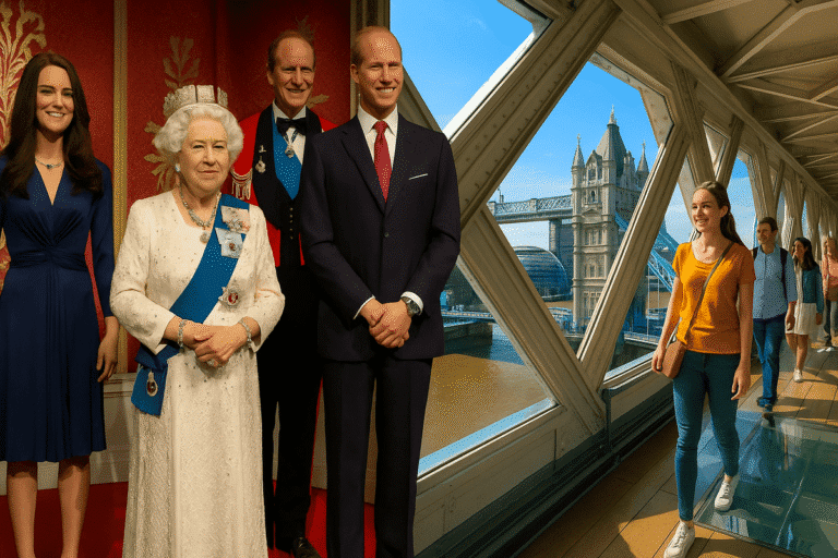 Madame Tussauds wax figures and Tower Bridge glass walkway in London.