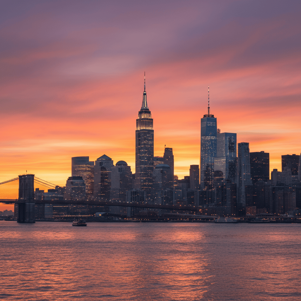 A sunset photo of the New York City skyline with the Brooklyn Bridge in the foreground. The sky is filled with vibrant orange, red, and purple clouds. The city's skyscrapers, including the Empire State Building and One World Trade Center, are lit up and reflected in the water.
