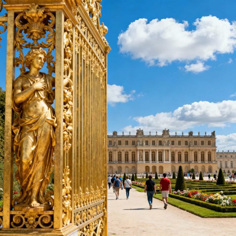 Palace of Versailles with golden gates, baroque facade, and gardens during a full-day tour from Paris.