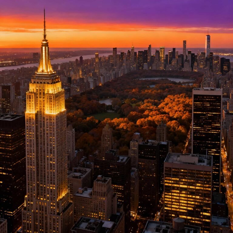 New York skyline seen from Top of the Rock with Empire State Building and Central Park at sunset.