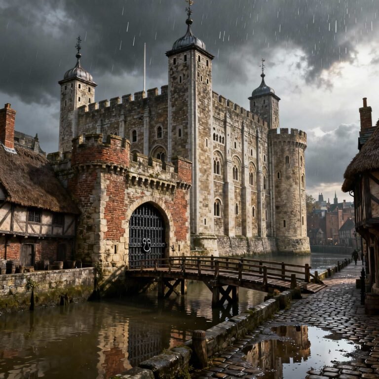 Tower of London tickets: An artistic rendering of the Tower of London on a rainy day. A wooden bridge crosses a moat to a gatehouse, leading to the large stone fortress in the background. The sky is dark, and rain is falling.